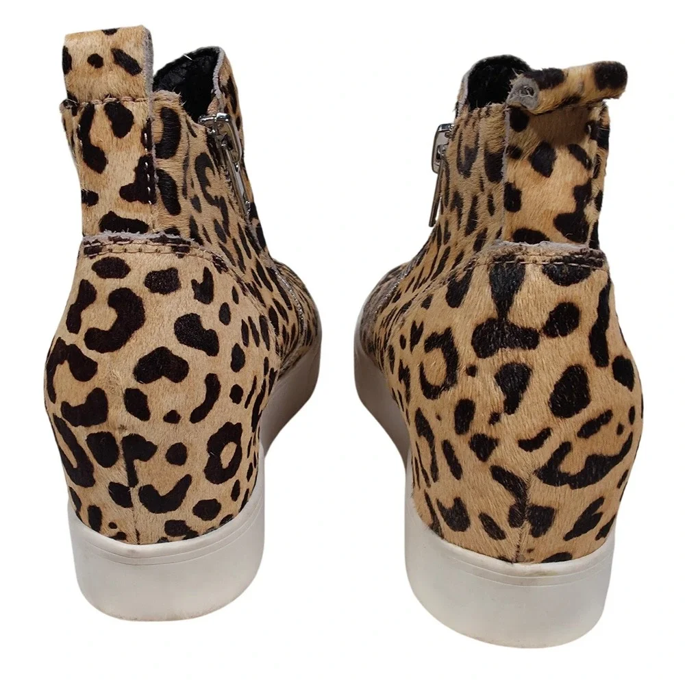 Steve Madden Wedgie Leopard Cow Hair Leather Hidden Wedge Zip Up Sneakers 8M